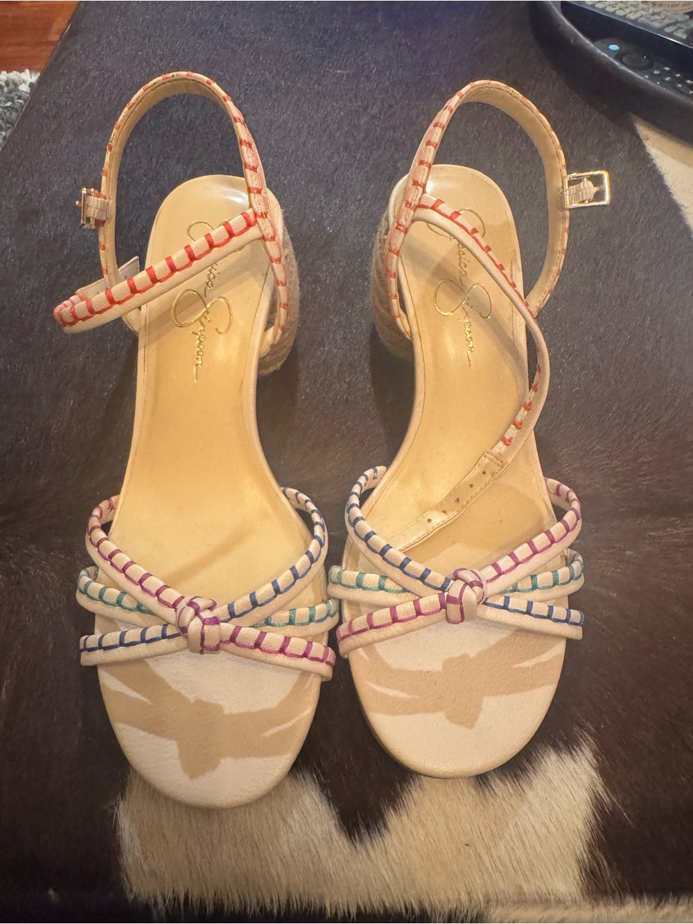 Jessica Simpson Cream Sandals with Pink, Blue & Green Trim